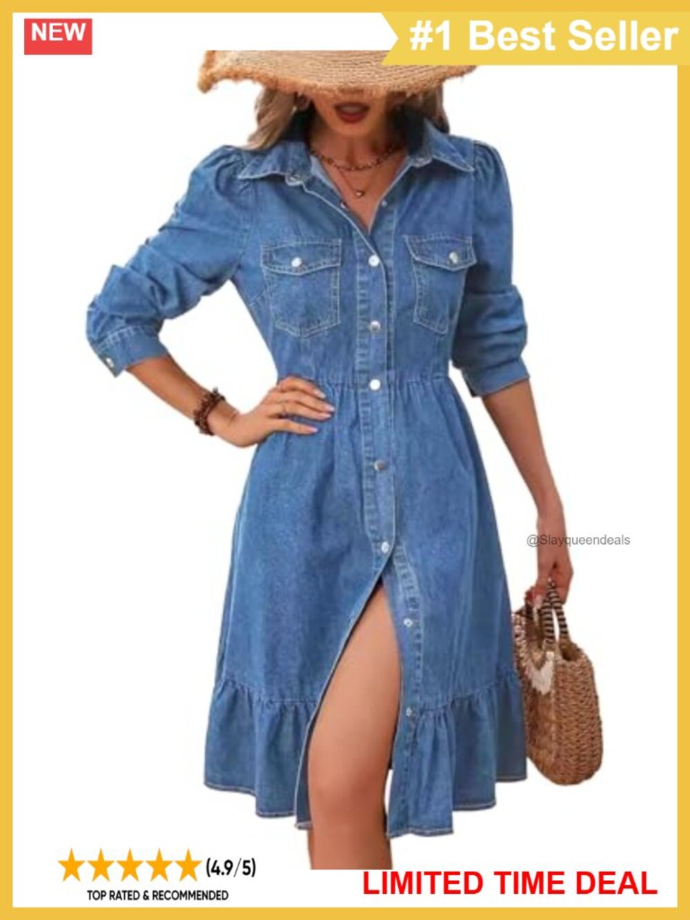 Denim Midi Dress Puff Long Sleeve Button Down A Line Ruffle Hem Casual